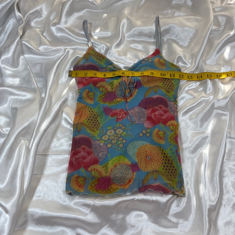 y2k Cami Top Blue Excellent Mesh Floral Lettuce Edge Tie Front Twilight Camisole - Picture 5 of 6